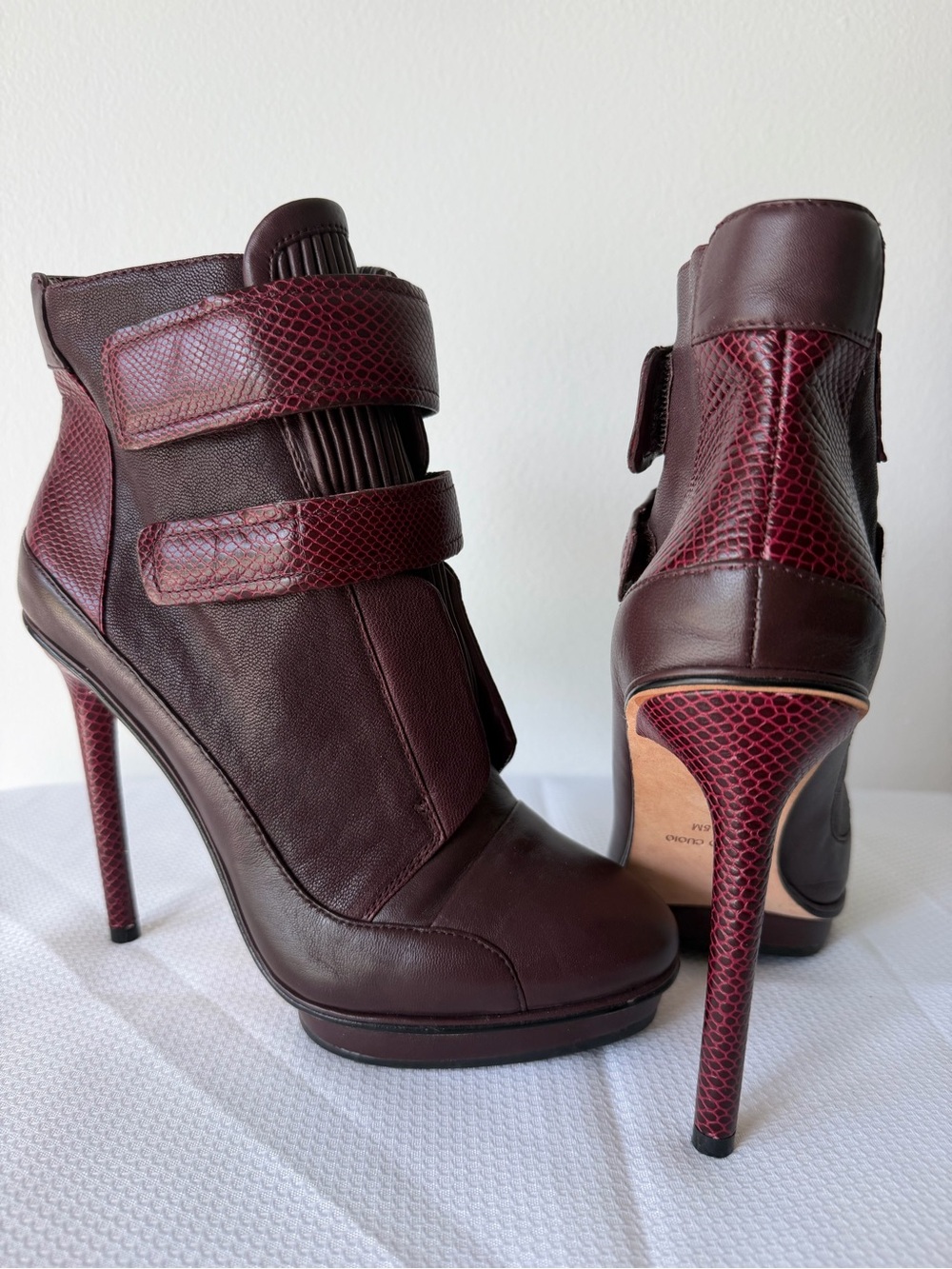 BCBGMAXAZRIA Y2K Burgundy Leather Platform Ankle Boots w/Velcro Straps